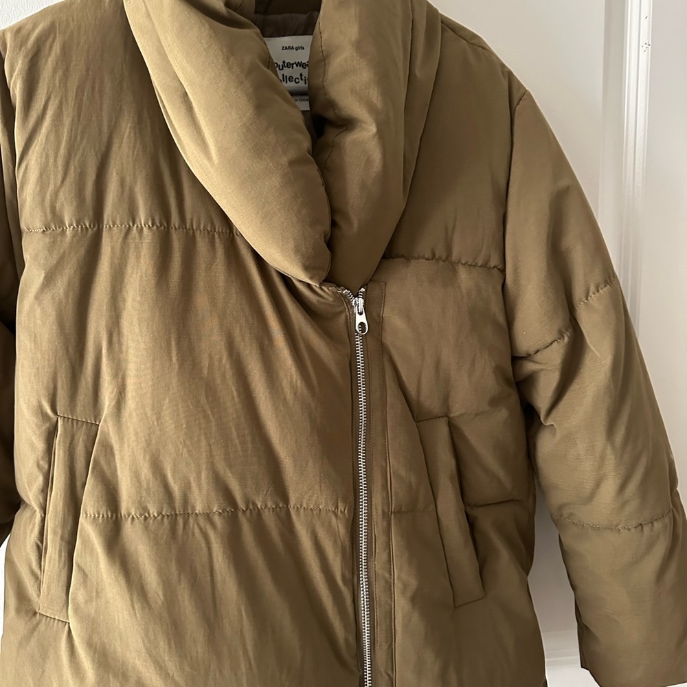 Girls asymmetrical olive green coat in size 13/14 from Zara.